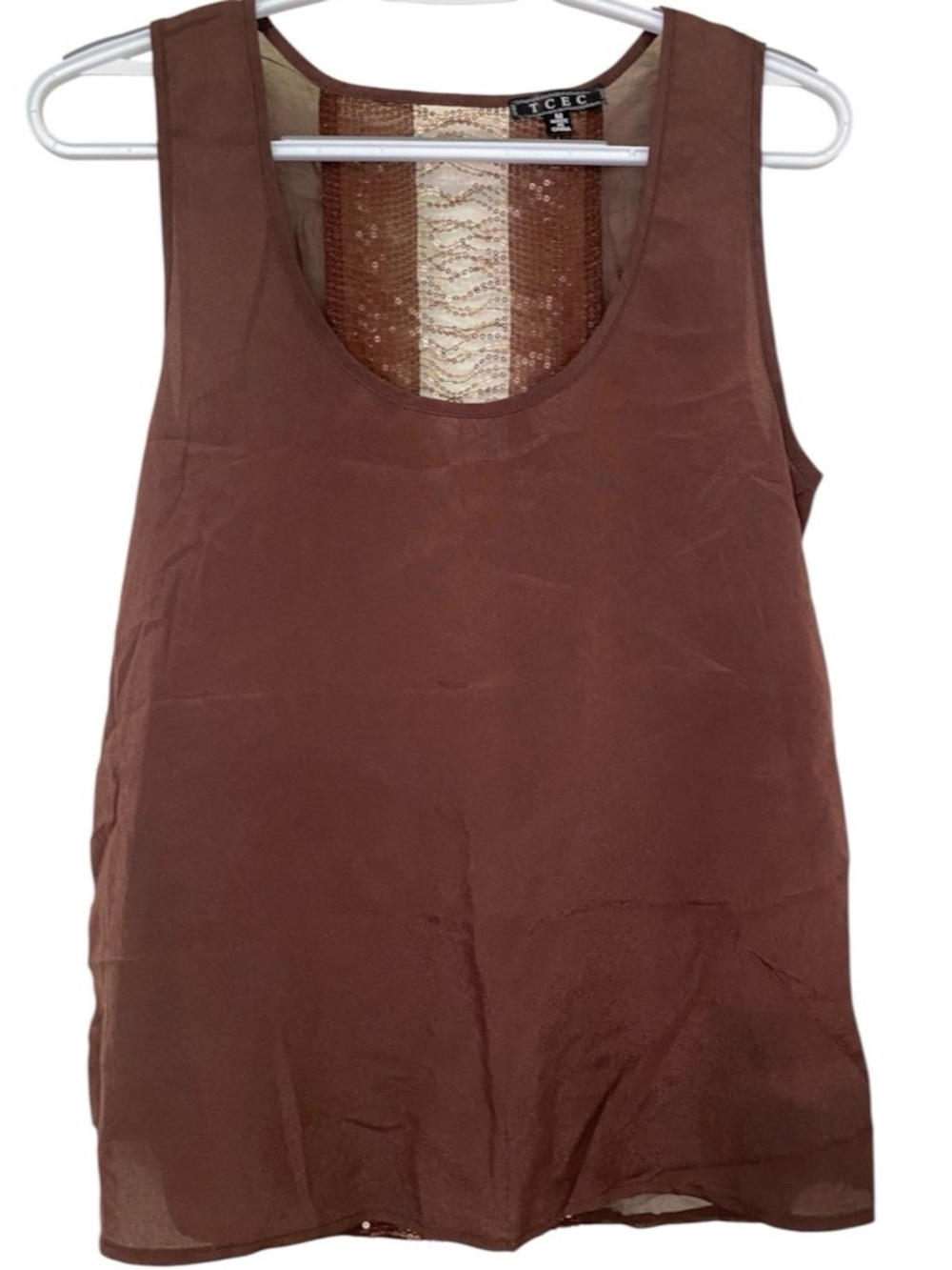 TCEC Scoop Neck Sheer Chocolate Brown Tank Top with Sequin Open Back Detail Med